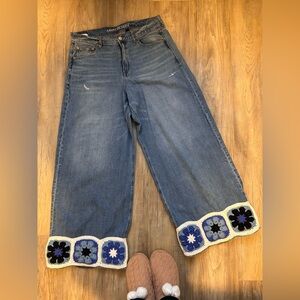 Upcycled designed American Eagle Outfitters Blue Flare Jeans with Crochet Detail